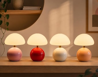 Vintage Mushroom Table Lamp, Mid Century Ceramic Bedside Light, Retro Dome Nightstand Lamp, Cozy Modern Home Decor Gift Idea