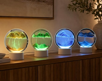 3D Moving Sand Art Lamp, Nordic Round Sandscape Night Light, Color Changing Desk Decor, Calming Bedroom Lamp Gift for Home