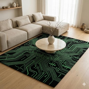 May include: A rectangular area rug featuring a black background with a vibrant green circuit board pattern of interconnected lines and dots. The rug is positioned on a light-coloured wooden floor beneath a round beige coffee table and a sofa.