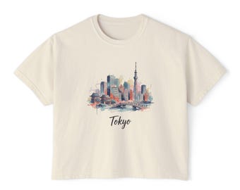 Tokyo Oversized Women's T-Shirt | Japan Skyline Watercolor | Japan Travel Shirt | Japan Gift | Boxy Crop Tee