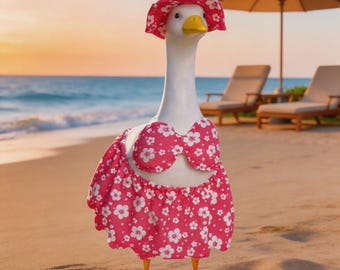 Porch Goose Outfit, Pink Porch Goose Costume Set, Tropical Floral Bikini-Style Attire for Garden Geese, Sun Hat + Bikini Top + Ruffled Skirt