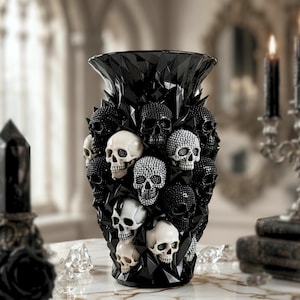 May include: A black decorative vase with a faceted design, adorned with numerous skull embellishments. Some skulls are white, while others are black or covered in small, sparkling accents. The vase has a wide opening.