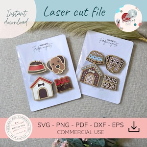 May include: Two sets of laser cut fridge magnet designs on white display cards. The magnets feature dog-themed shapes including dog houses, food bowls, dog faces, and the text "DOG MOM" in various patterns like polka dots and solid colors.
