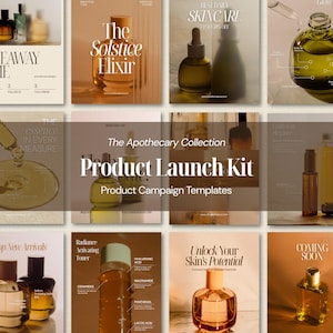 May include: A collection of product campaign templates for skincare products. The images feature various amber-colored glass bottles and jars with product names like "The Solstice Elixir" and "Radiance Activating Toner". The text includes "The Apothecary Collection" and "Product Launch Kit".
