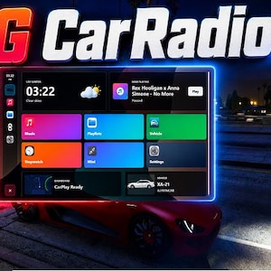 Puede incluir: Una interfaz de radio de coche digital etiquetada como SG CarRadio con una pantalla oscura e iconos de aplicaciones coloridos para música, listas de reproducción, ajustes del vehículo y un reloj. La pantalla muestra la hora 03:22 y el clima.