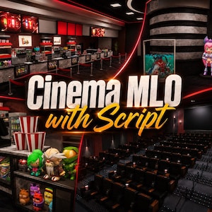 Puede incluir: Una representación digital en 3D de un interior de cine que muestra un puesto de comida con cubos de palomitas y pequeñas figuras, junto a una sala de proyección con filas de asientos negros y una pantalla grande, etiquetado Cinema MLO with Script.