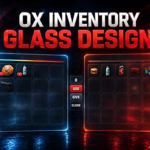 May include: A digital interface titled OX INVENTORY GLASS DESIGN featuring two grid panels. The left panel contains a loaf of bread, a water bottle, and a handgun. The right panel displays a burger, water bottle, soda can, toolbox, and crates.