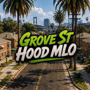May include: A digital graphic featuring the text GROVE ST HOOD MLO in bold green and white lettering, superimposed over a suburban street scene with brick houses, palm trees, and a city skyline under a bright blue sky with scattered clouds.