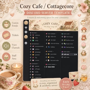 以下が含まれることがあります： 居心地の良いカフェとコテージコアをテーマにしたDiscordサーバーテンプレート。温かみのあるカラーパレット、フローラルのアクセント、親しみやすいレイアウトが特徴です。ウェルカム、ボイスチャンネル、スタッフエリアのセクションが含まれています。