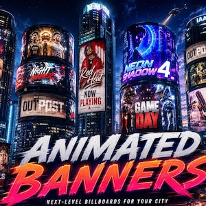 May include: A digital display featuring the text ANIMATED BANNERS in large pink and orange letters. The background shows a futuristic city skyline at night with tall cylindrical buildings covered in glowing advertisements for various fictional media.