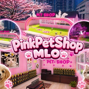 May include: A digital advertisement for a PinkPetShop MLO featuring a pink-themed pet store interior with shelves of products, a checkout counter, and wall art. The image includes a golden retriever puppy and a kitten wearing a cow-print hat.