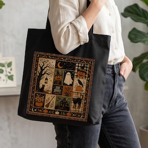 Vintage Stay Spooky Tote Bag, Witchcore Patchwork Bag, Retro Halloween Canvas, Autumn Ghost Pumpkin Shopper, Fall Aesthetic