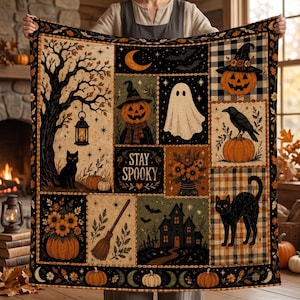 Stay Spooky Patchwork Blanket, Vintage Halloween Throw, Cottagecore Fall Room Decor, Witchy Ghost Black Cat Fall Bedspread