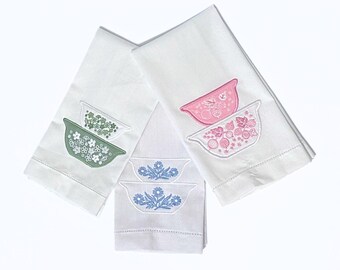 Pyrex/Corningware Linen Hemstitched Hand Towel: Custom Design - Set of Three