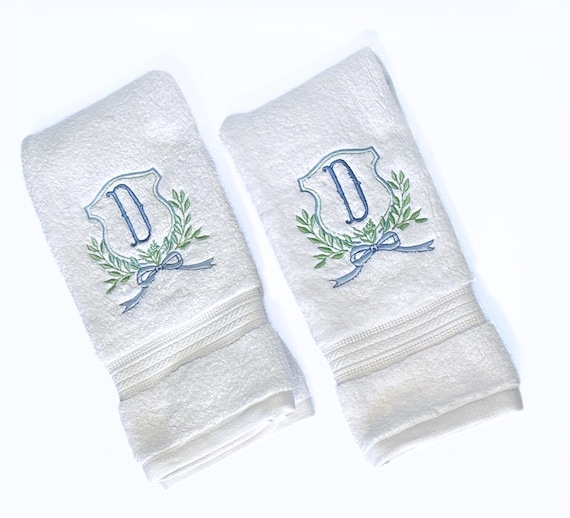 Monogrammed Hand Towel Set: Embroidered Crest, Scalloped Edge Option