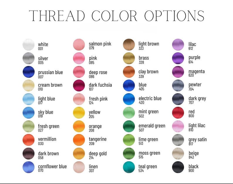 以下が含まれることがあります： 「THREAD COLOR OPTIONS」と題されたカラーチャートには、対応する番号が付いたさまざまな糸の色が表示されています。色には、白、銀、青、ピンク、黄色、オレンジ、緑、赤、黒が含まれます。各色は、小さな丸い色見本で表されています。