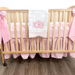 Custom Baby Bedding Set: Minky Sheet, Ruffled Skirt, Monogrammed Quilt