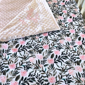 Custom Baby Bedding Set: Minky Blanket, Satin Skirt, Floral Crib Sheet