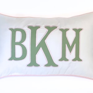May include: A rectangular decorative pillow with a light blue background and the letters "BKM" in green. The pillow has a pink border, adding a subtle contrast to the design. The letters are outlined in white.