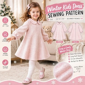 Può includere: Un cartamodello digitale per un vestito rosa chiaro a maniche lunghe con colletto Peter Pan e silhouette a trapezio. L'immagine mostra il testo Winter Kids Dress Sewing Pattern, le caratteristiche del vestito e un dettaglio del tessuto.