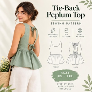 Puede incluir: Un top peplum sin mangas en color verde salvia con diseño de lazos en la espalda, mostrado en un anuncio de patrón de costura. La imagen incluye el texto Tie-Back Peplum Top, Sewing Pattern, Beginner Friendly, PDF Pattern, Print at Home y Sizes XS-XXL.