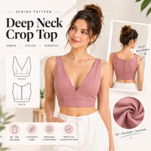 May include: A dusty rose sleeveless crop top with a deep V-neckline and a curved back neckline featuring a center back zipper. The sewing pattern includes front and back line drawings, a size range from XS to XXL, and a close-up of the fabric texture.