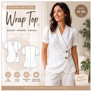Wrap Top Sewing Pattern PDF, Women's Wrap Blouse Pattern, V Neck Top Sewing Pattern, Printable Shirt Pattern, Beginner PDF Pattern