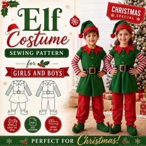 May include: A sewing pattern for an elf costume for children, featuring text that reads Elf Costume Sewing Pattern for Girls and Boys. The image displays two children wearing green and red elf outfits with striped sleeves and matching hats.