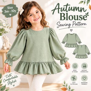 Könnte beinhalten: Eine salbeigrüne Langarmbluse mit Rundhalsausschnitt, gerafften Puffärmeln und einem gerüschten Saum. Das Bild enthält den Text Autumn Blouse Sewing Pattern, Size 3m-10y, Print at Home, Instant Download, Easy to Follow und Beginner Friendly.