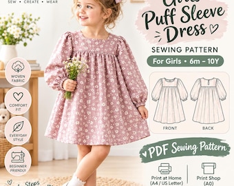 Girls Puff Sleeve Dress PDF Sewing Pattern, Baby Toddler Dress Pattern 6M-10Y, Gathered Yoke Smock Dress, A4 US Letter A0 Instant Download