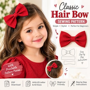 Hair Bow Sewing Pattern PDF, 3 Sizes Bow Template, Printable Fabric Bow Pattern, DIY Hair Clip & Ponytail Bow, Instant Download Sewing PDF
