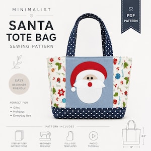 Peut inclure: Un patron de couture pour sac fourre-tout avec une applique Père Noël sur un panneau central bleu clair, entouré de tissu blanc à motifs de fêtes. La base et les anses sont bleu foncé à pois blancs. Inclut un schéma avec des mesures de 30,5 cm par 21,6 cm.
