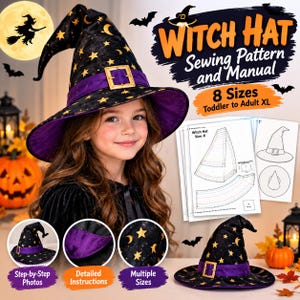 May include: A black witch hat sewing pattern and manual featuring 8 sizes from toddler to adult XL. The hat is black with gold stars and moons, a purple band, and a gold buckle. Includes step-by-step photos and detailed instructions.