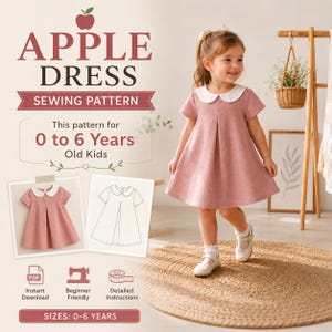 Könnte beinhalten: Ein Schnittmuster für ein Apple-Kleid für Kinder von 0 bis 6 Jahren. Das Design zeigt ein kurzärmeliges, altrosa Kleid mit weißem Rundkragen und einer mittigen Kellerfalte. Enthält Texte für PDF, anfängerfreundlich und detaillierte Anleitung.