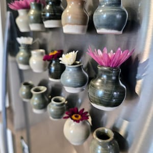 May include: A collection of small, ceramic magnetic vases in various shades of green, blue, and beige, each featuring a rounded body and a narrow neck. Several of these miniature vessels contain colourful flowers, including pink, purple, and white petals.