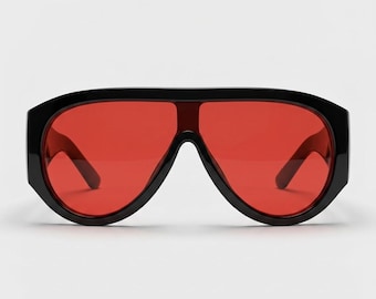 Black Red Mirror Shield Sunglasses, Y2K Oversized Pilot Shades, Gothic Rave Eyewear, Bold Alt Fashion UV400 Unisex Glasses