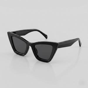 May include: Black cat-eye sunglasses featuring a thick, glossy frame and dark, tinted lenses. The design includes pointed outer corners and wide, solid temples that extend from the frame, providing a bold and structured look for the eyewear.