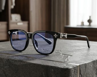 Lunettes gothiques croix bleu clair, lunettes rétro carrées punk, montures gothiques noires unisexes, lunettes streetwear an 2000, cadeau pour elle