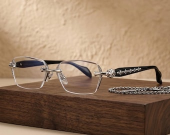 Rimless Gothic Cross Glasses Silver Rectangle, Punk Y2K Eyewear, Luxury Vintage Frameless Frames, Unisex Streetwear Glasses