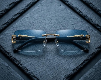 Gold Blue Rimless Panther Sunglasses, Luxury Gradient Frameless Shades, Y2K Streetwear Eyewear, Wild Cat Designer Glasses