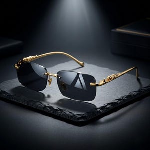 May include: Rimless sunglasses with gold frames and dark lenses. The temples have decorative dragon or serpent designs. The sunglasses are displayed on a dark, textured surface, suggesting a luxury product.