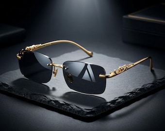 Gold Black Rimless Panther Sunglasses, Luxury Designer Frameless Shades, Wild Cat Temple Eyewear, Unisex Streetwear Gift