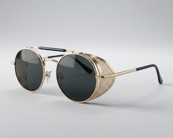 Steampunk Festival Sunglasses Round Metal, Gothic Punk Cyberpunk Eyewear, Retro Vintage Shades UV400, Unisex Statement Glasses