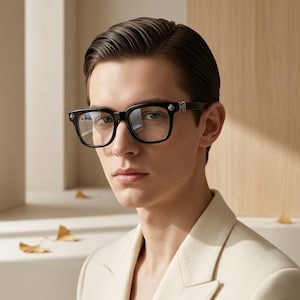 May include: Black square-framed spectacles with silver detailing on the arms. The lenses are clear. The person is wearing a cream-coloured blazer. The background is a neutral beige.