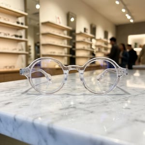 Puede incluir: Gafas transparentes con montura redonda y puente y patillas transparentes. Las gafas están sobre una superficie de mármol blanco, que refleja la luz. El fondo muestra una óptica bien iluminada con estanterías de gafas.