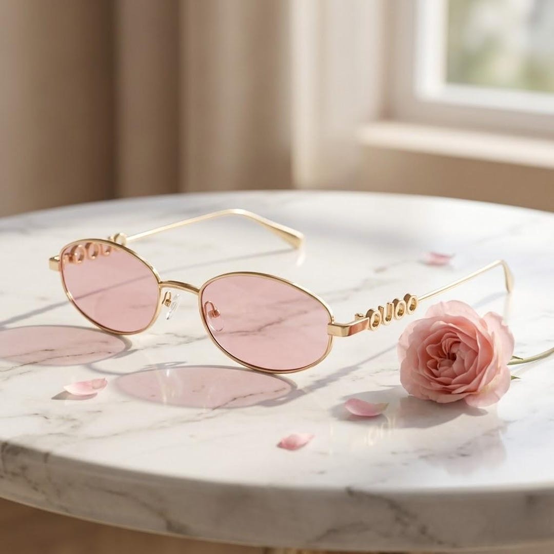 Pink Gold Slim Oval Sunglasses, Gothic Coquette Eyewear  display picture 2