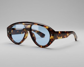 Vintage Tortoise Blue Lens Sunglasses, Retro Square Unisex Shades, Classic Everyday Eyewear, Minimal Stylish Glasses