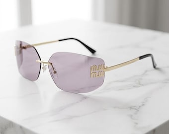 Y2K Rimless Purple Sunglasses, Gold Rectangle Luxury Shades, Glam Retro Eyewear, Trendy Women Fashion Glasses Gift