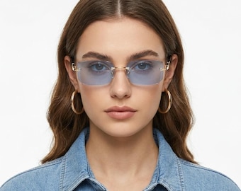 Y2K Rimless Rectangle Sunglasses, Luxury Gold Frameless Shades, Retro Unisex Eyewear, Streetwear Festival Glasses