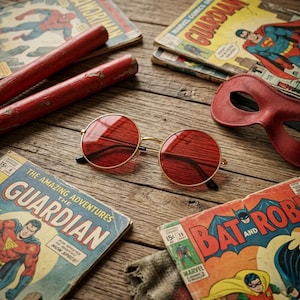 Peut inclure: Une composition d'objets sur le thème des bandes dessinées sur une surface en bois. Comprend des bandes dessinées vintage, des lunettes de soleil rondes teintées de rouge avec des montures dorées, un masque rouge et deux bâtons rouges. Les bandes dessinées présentent des super-héros.